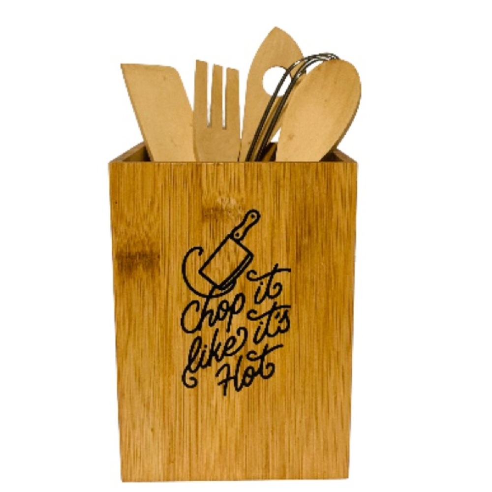 BAMBOO Kitchen Utensil Holder Chop it Like it's Hot 5" x 5" x 7" Tall